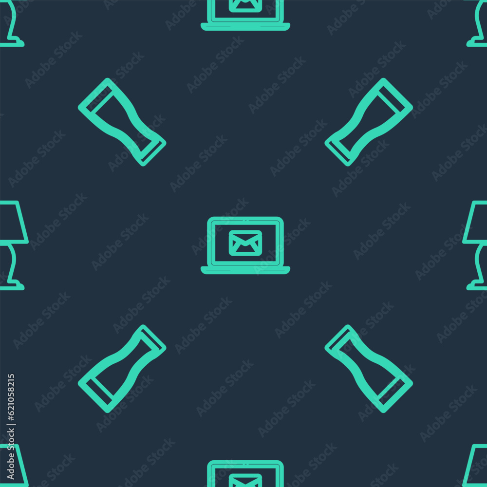 Poster set line laptop with envelope, glass of beer and table lamp on seamless pattern. vector