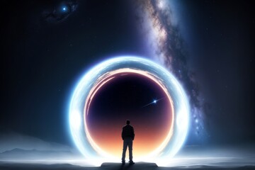 Fototapeta na wymiar very detailed image with cinematic style lighting A beautiful image of a galaxy with planets where there is yin and yang and a person stands in front of an open portal to a new galaxy