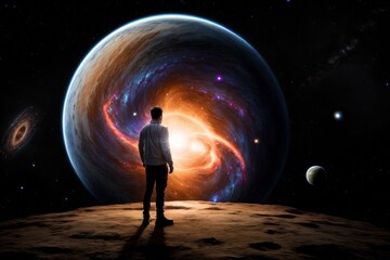 very detailed image with cinematic style lighting A beautiful image of a galaxy with planets where there is yin and yang and a person stands in front of an open portal to a new galaxy