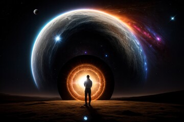 very detailed image with cinematic style lighting A beautiful image of a galaxy with planets where there is yin and yang and a person stands in front of an open portal to a new galaxy