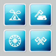 Set line Tourist tent with flag, Wooden axe and wood, Compass and Crossed wooden icon. Vector