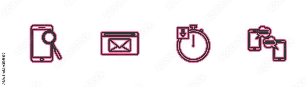 Poster set line mobile phone diagnostics, stopwatch, mail and e-mail and chat messages mobile icon. vector
