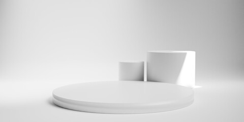 Empty podium or pedestal display on white background  light coming from right side with cylinder stand concept. Blank product shelf standing backdrop. 3D rendering.