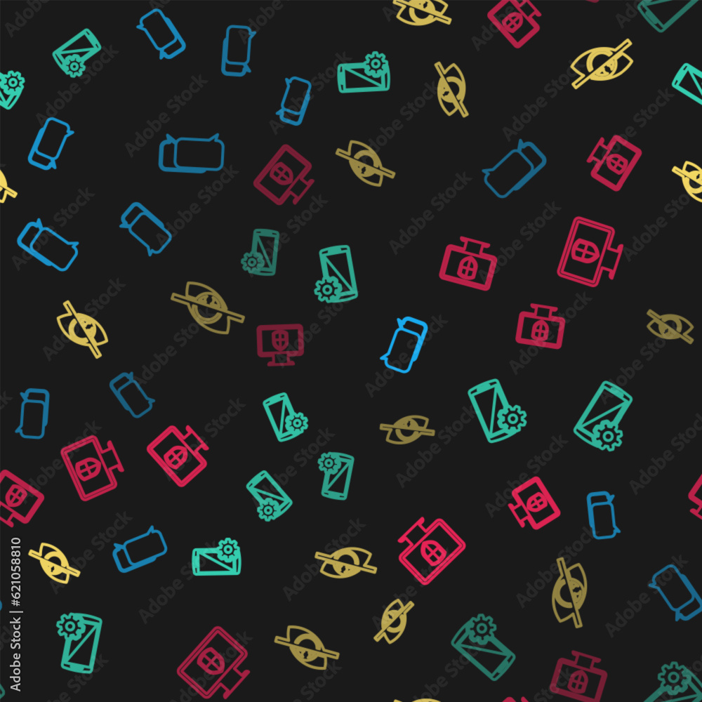Poster set line chat, setting on smartphone, invisible or hide and monitor and shield on seamless pattern. 