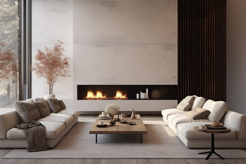 Modern living room interior with sofa and fireplace. Cozy lounge zone in house. Showcase with luxury design in real estate. Created with Generative AI