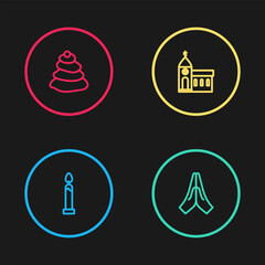Set line Burning candle, Hands praying position, Church building and Stack hot stones icon. Vector