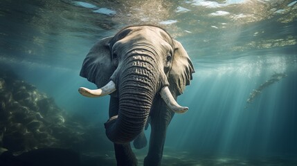 Funny elephant swimming under water in a summer pool, macro shot