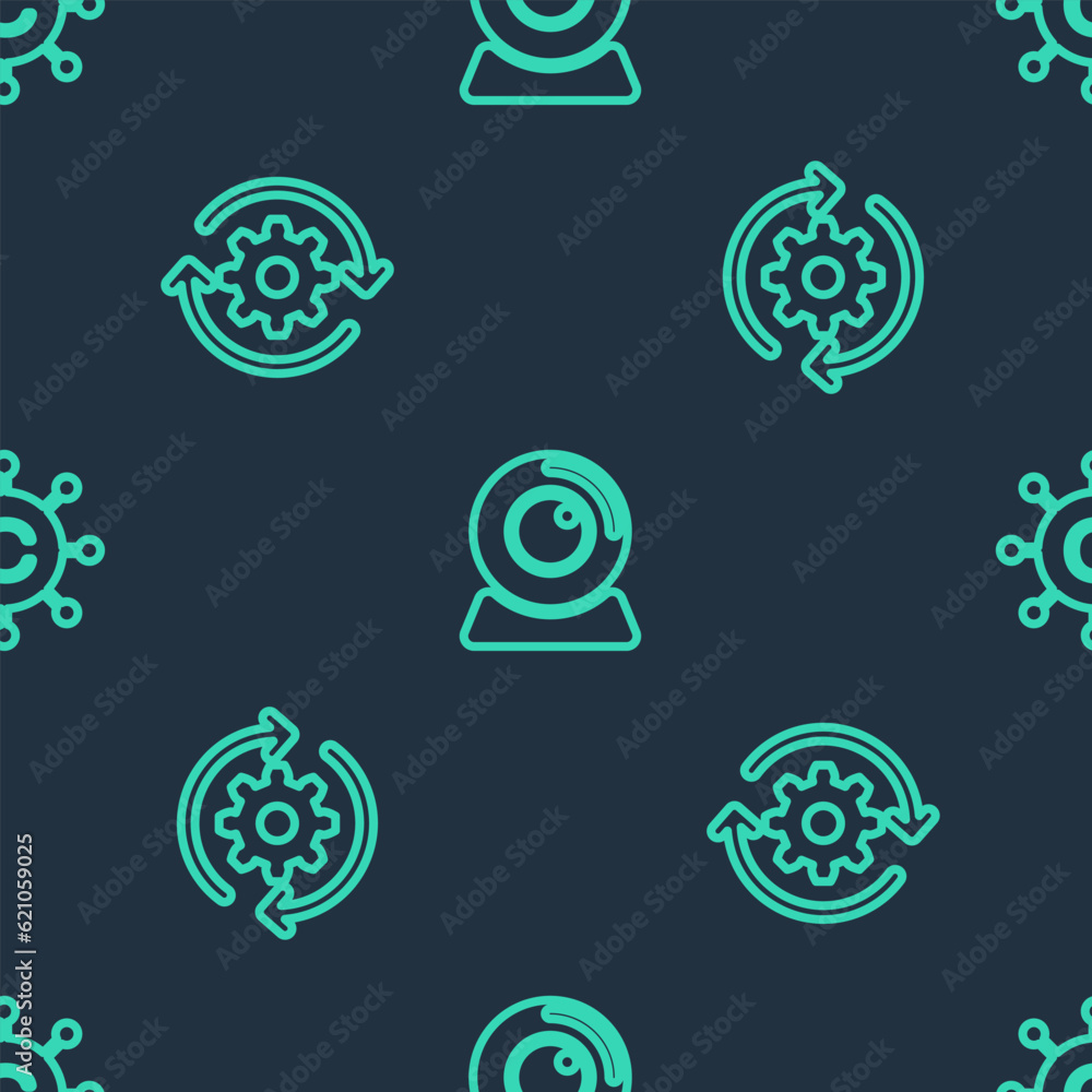 Poster set line web camera, gear and arrows as workflow and copywriting network on seamless pattern. vector
