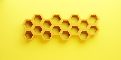 Front view of yellow empty hexagon  shelf on yellow wall background with modern minimal concept. Display of room shelves for showing. Realistic 3D render