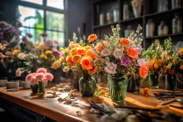 Fototapeta na wymiar Intérieur d'un magasin de fleuriste, vases et bouquets - Générative IA