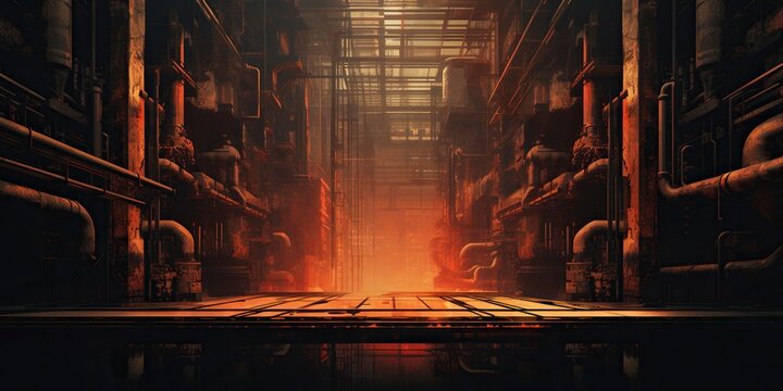 A workshop at the factory filled with various steampunk-style mechanisms and pipes, showcasing a fusion of retro-futuristic aesthetics and industrial charm. Generative AI
