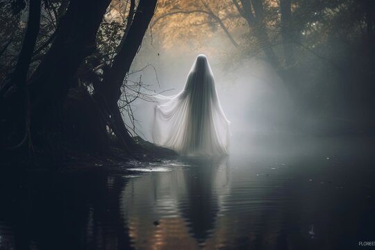 A stunning female ghost in a wedding dress. Created with Generative Ai technology.