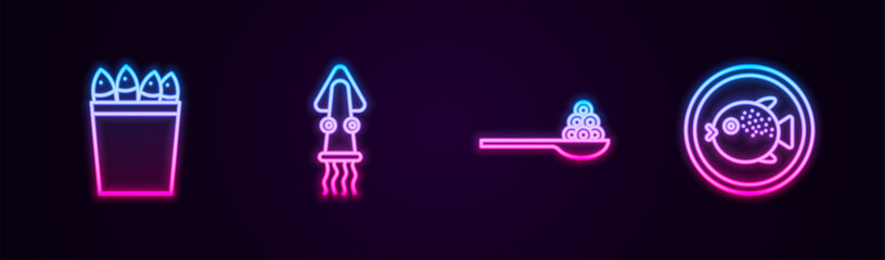Set line Fishing bucket with fishes, Octopus, Caviar on a spoon and Puffer plate. Glowing neon icon. Vector