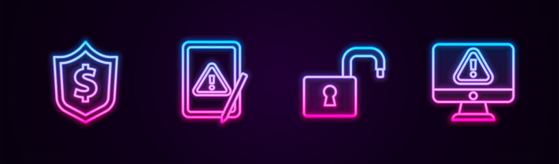 Set line Shield with dollar, Tablet exclamation mark, Open padlock and Monitor. Glowing neon icon. Vector