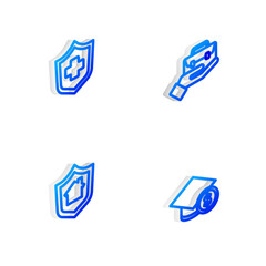 Set Isometric line Hand holding briefcase, Health insurance, House with shield and Graduation cap coin icon. Vector