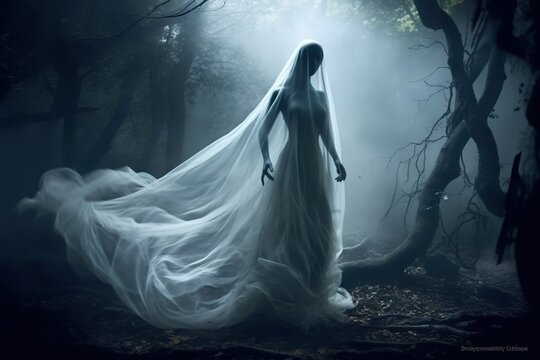 A stunning female ghost in a wedding dress. Created with Generative Ai technology.