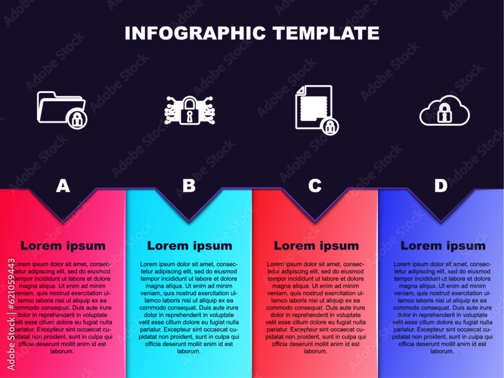 Poster set line folder and lock, cyber security, document and cloud computing. business infographic templat