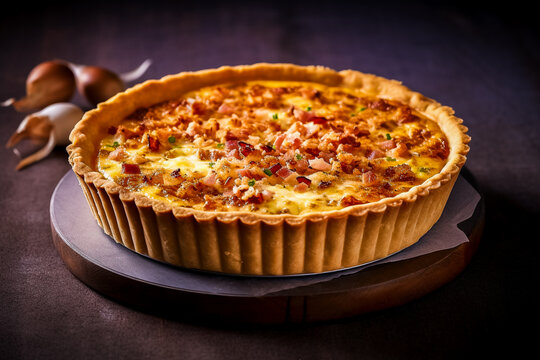 Quiche lorraine dor&eacute;e, sp&eacute;cialit&eacute; r&eacute;gionale, tarte &agrave; l'oignon avec lardons - G&eacute;n&eacute;rative IA