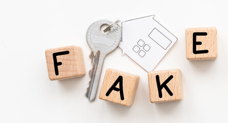 The word FAKE, spelt with wooden letter tiles, over a white background.