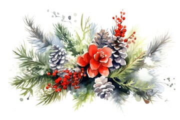Fototapeta na wymiar Arrangement of festive flowers in watercolor. Hand-painted holly, mistletoe, pine, and fir branches. a Christmas card design on a white backdrop with seasonal flowers