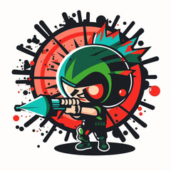 Fototapeta premium Aggressive Paintball player with a handgun is shooting at the target. Color explosion on the background of the slide. Cartoon illustration