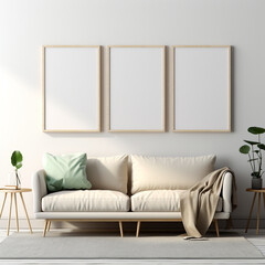 Set of 3 frame mockups on the wall, for interior design poster, 3d render, realistic