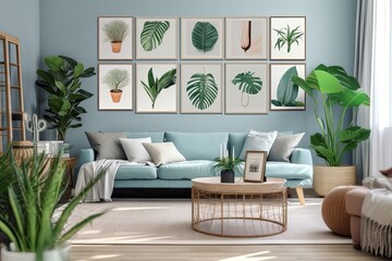 A basic living room with flat tones, light blue, plants on the furniture, and eight wall frames. collection of posters