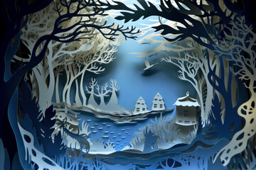 Obraz na płótnie Canvas Layered style paper cut illustration of a blue rural winter landscape with a forest in the foreground. Created using generative AI.