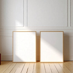 double wooden frame mockup Standing on wooden floor,suitable for displaying posters,3d rendering,modern thin frames