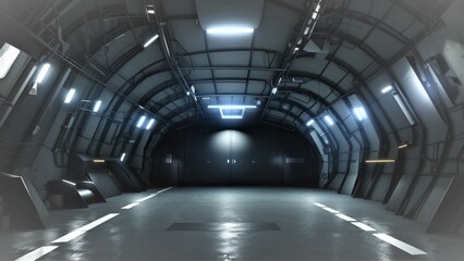 Dark Futuristic Modern Garage Showroom Tunnel Corridor. Entrance 3D image