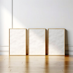 Set of 3 poster frame mockup standing on wooden floor, minimalist interior design, 3d rendering, realistic wall art templates