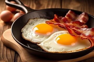 Bacon and eggs in a pan. Composition with tasty fried eggs and bacon on wooden table. AI Generative