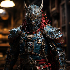 samurai warrior heawy armor blue in future 