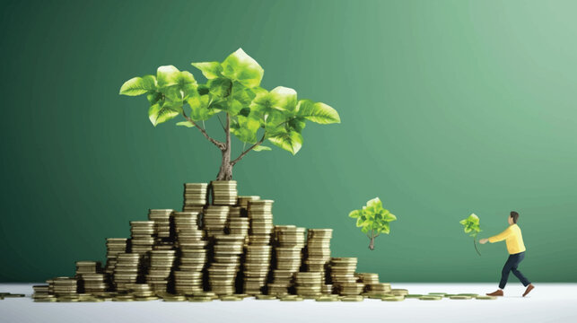 Business people working with money trees in fund concept, in the style of nature painter, vector illustration.
