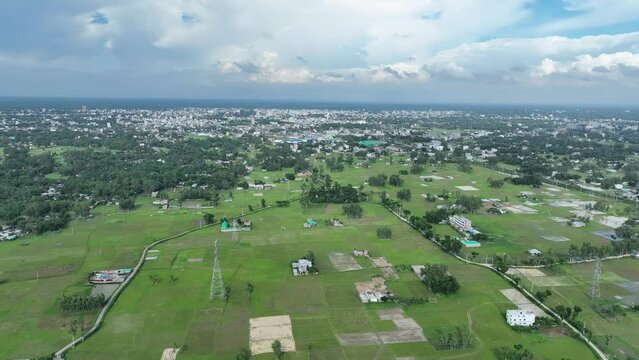 aerial view of the city, over the village, bogura, bangladesh