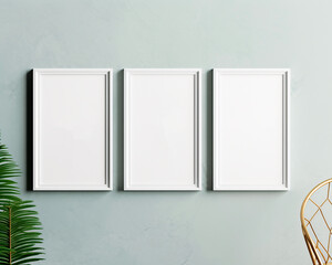 Three set wooden frame mockup standing on blue wall simple and stylish design 3D rendering