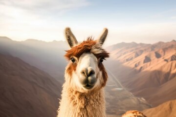 Mountain range in the backdrop as seen from the top of a brown and white llama. focusing only on the llamas most intriguing characteristics