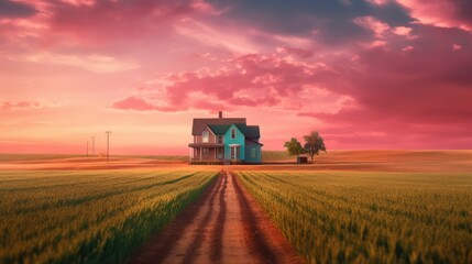 A farm image with a modest house on the horizon, a pink sunset sky, a green wheat field, and plenty of copy space