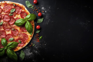 tyraditional pepperoni pizza with ingredients,basil,tomatoes and cheese on black background. Top view. Copy space
