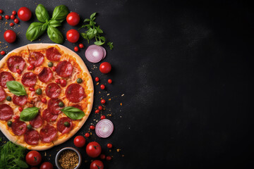 tyraditional pepperoni pizza with ingredients,basil,tomatoes and cheese on black background. Top...
