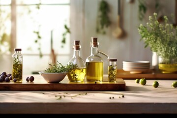 Fototapeta na wymiar Infused olive oil with herbs & spices. A wooden table with cooking equipment and olive oil on top. Copying space in white