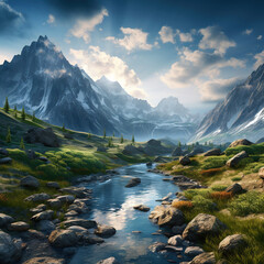 beautiful landscape mountain range with a river and a cloudy sky