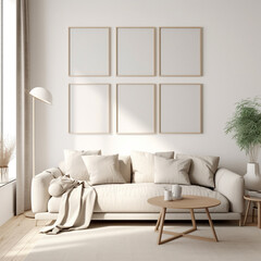 Set of 6 frame mockups, boho interior design living room, mockups for picture gallery, 3d render, minimalist frames