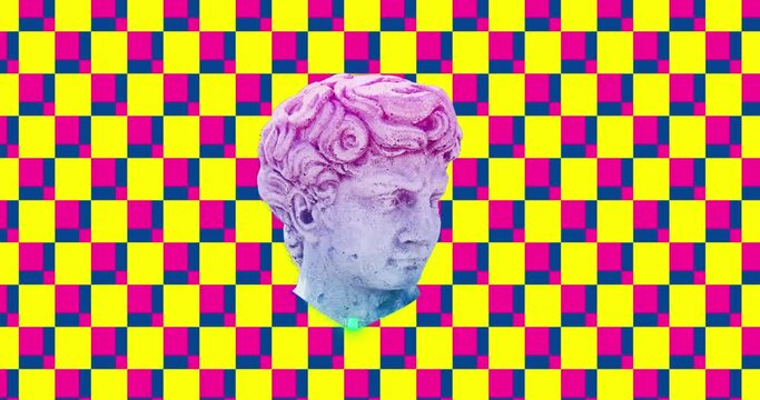 Animation of head sculpture pixelating on square pattern background