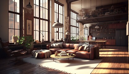 elegant living room of a beautiful loft apartment with large windows