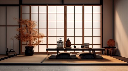 Modern Japanese style interior made of wood, with imaginative solutions. Generative AI Technology 