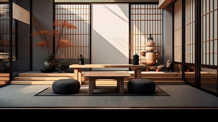 Modern Japanese style interior made of wood, with imaginative solutions. Generative AI Technology 