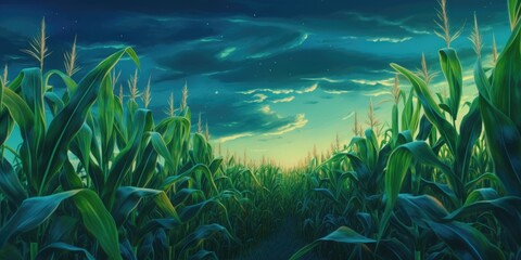 Fototapeta na wymiar At twilight, a field of fresh, green corn. Corn cobs that are still young. Cornfields are where corn is produced on farms. A corn seedling in a garden with a blue sky. On the field, there are green