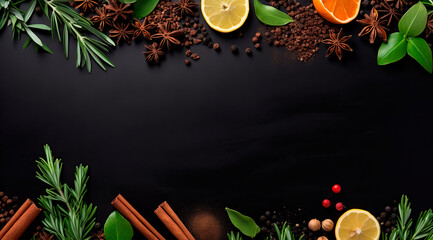 Spices and herbs realistic frame decorated by cinnamon roll bay leaves branches of basil and dill on black background flat top view. 