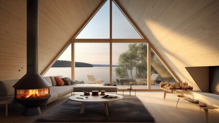 A modern Scandinavian wood house with a pleasant living room fireplace, indoor plants, a triangle-shaped wide window, and a distant lake view is offered for rental as a vacation or holiday home.
